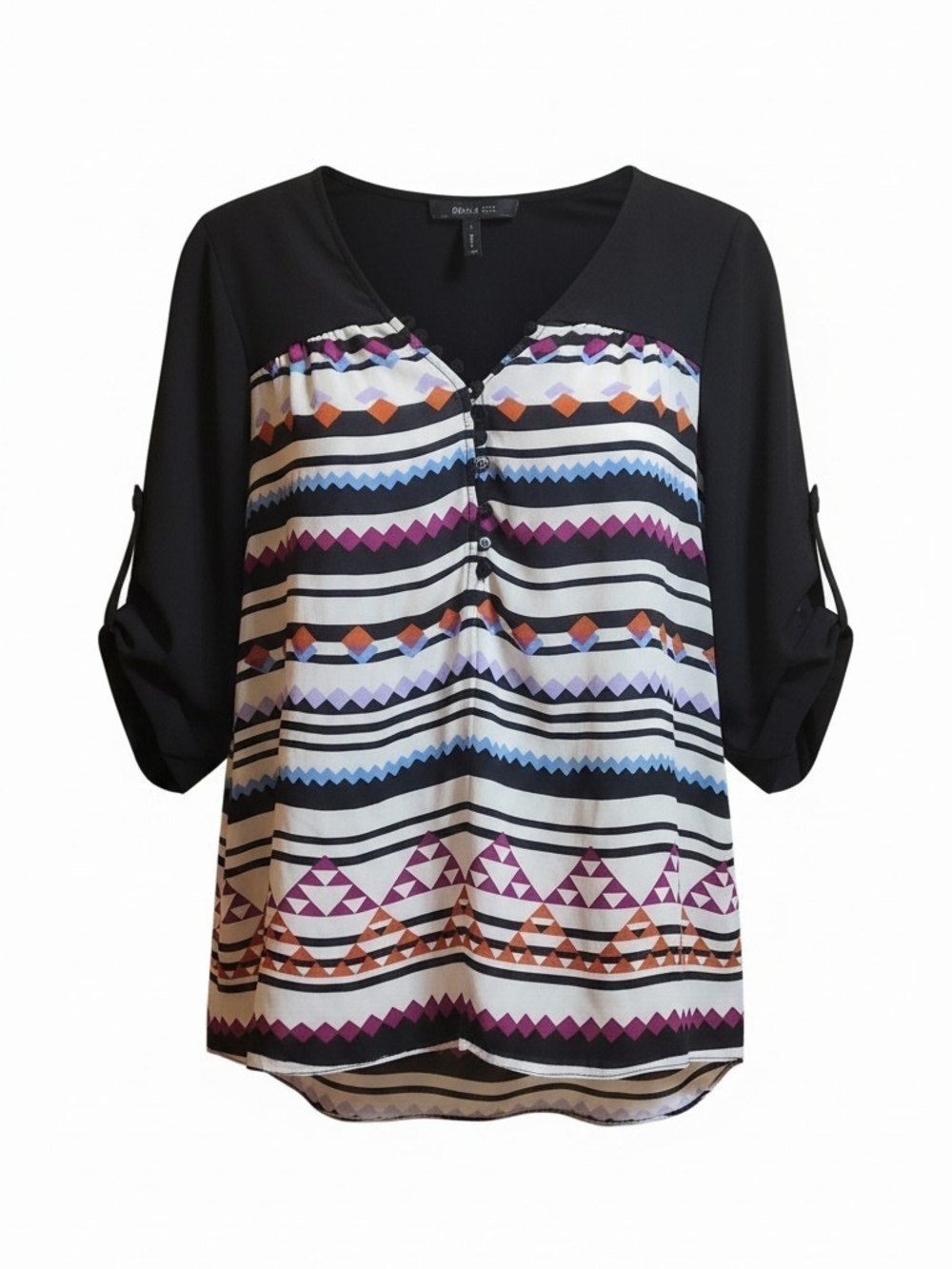 BCBGMaxAzria Black Geometric Print V-Neck Roll-Tab Blouse
